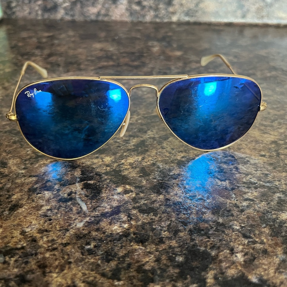 Ray-Ban Gold Frame Sunglasses with Deep Blue Lenses